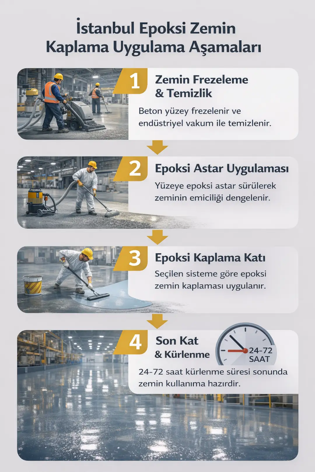 İstanbul epoksi zemin kaplama uygulama aşamaları; zemin hazırlığı, astar, epoksi kaplama ve kürlenme süreci.