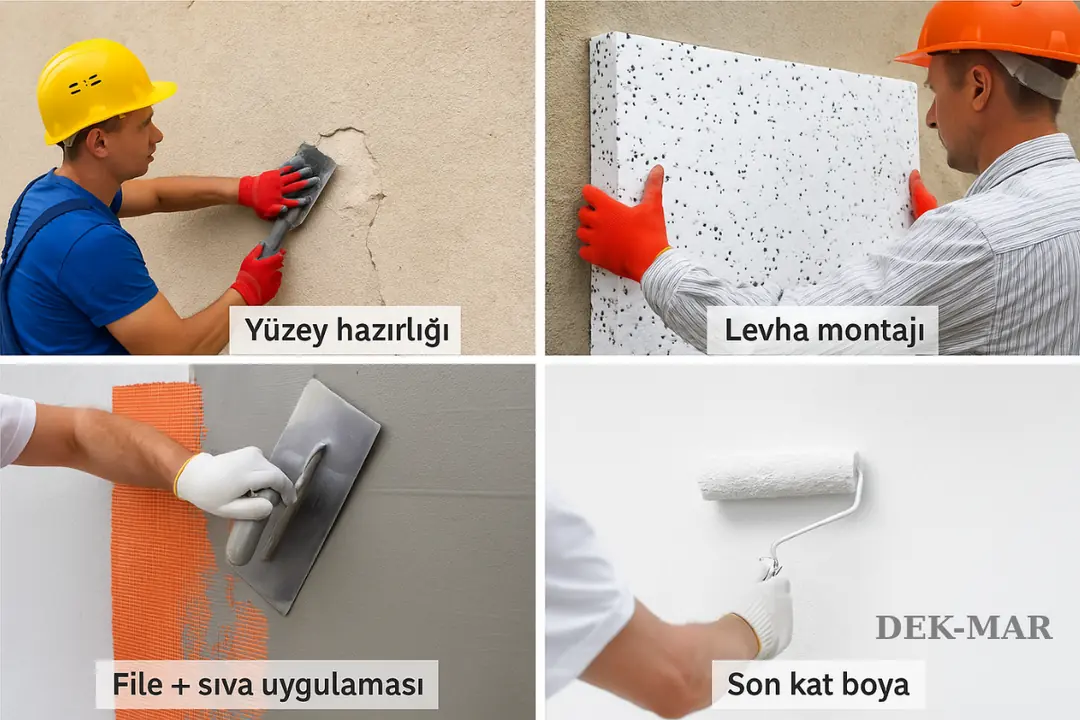 Dalmaçyalı mantolama uygulama süreci: hazırlık, montaj, sıva ve boya işlemleri.