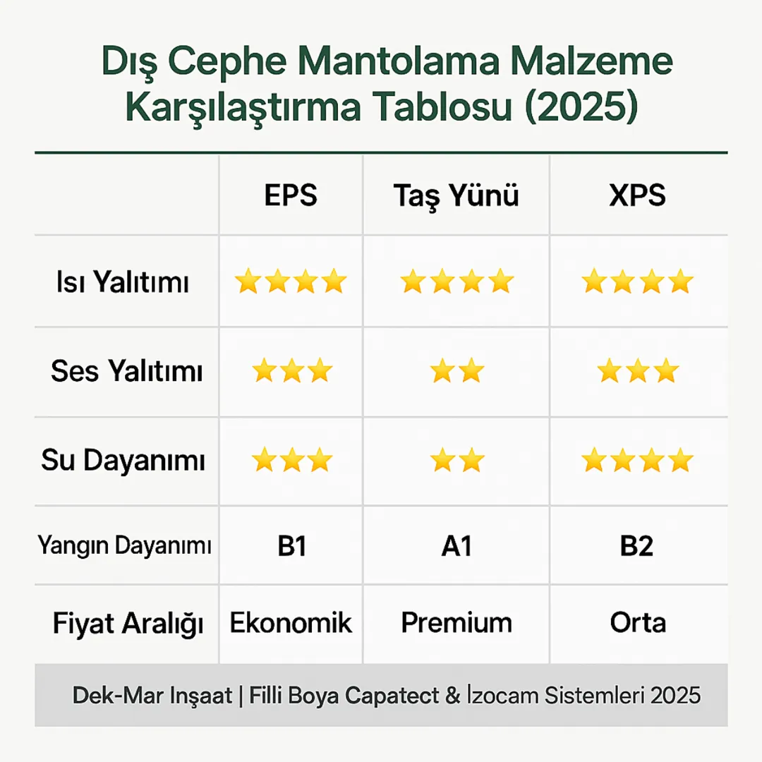 EPS, XPS ve Taş Yünü mantolama malzemesi karşılaştırma tablosu – Dek-Mar İnşaat 2025