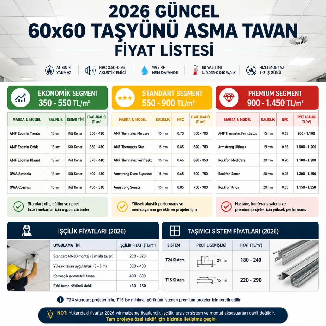 2026 60x60 taşyünü asma tavan fiyat tablosu ve segment karşılaştırması&nbsp;