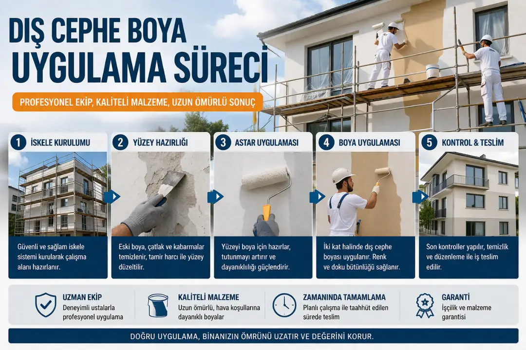 dış cephe boya uygulama süreci, iskeleli bina boyama ve profesyonel ekip çalışması&nbsp;