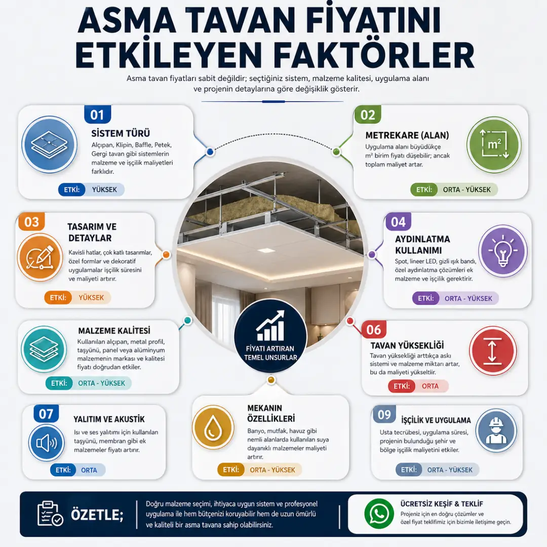 Asma tavan fiyatını etkileyen faktörler sistem türü metrekare tasarım aydınlatma ve işçilik detayları&nbsp;