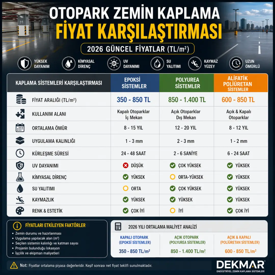 Otopark zemin kaplama fiyatları 2026 epoksi polyurea poliüretan m2 fiyat karşılaştırma tablosu&nbsp;