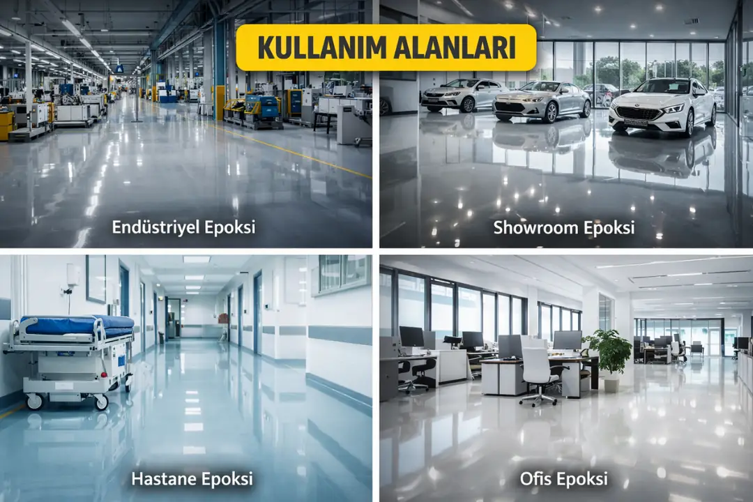 Self leveling epoksi zemin kaplaması; fabrika, showroom, hastane ve ofis alanlarında pürüzsüz ve dayanıklı kullanım sunar