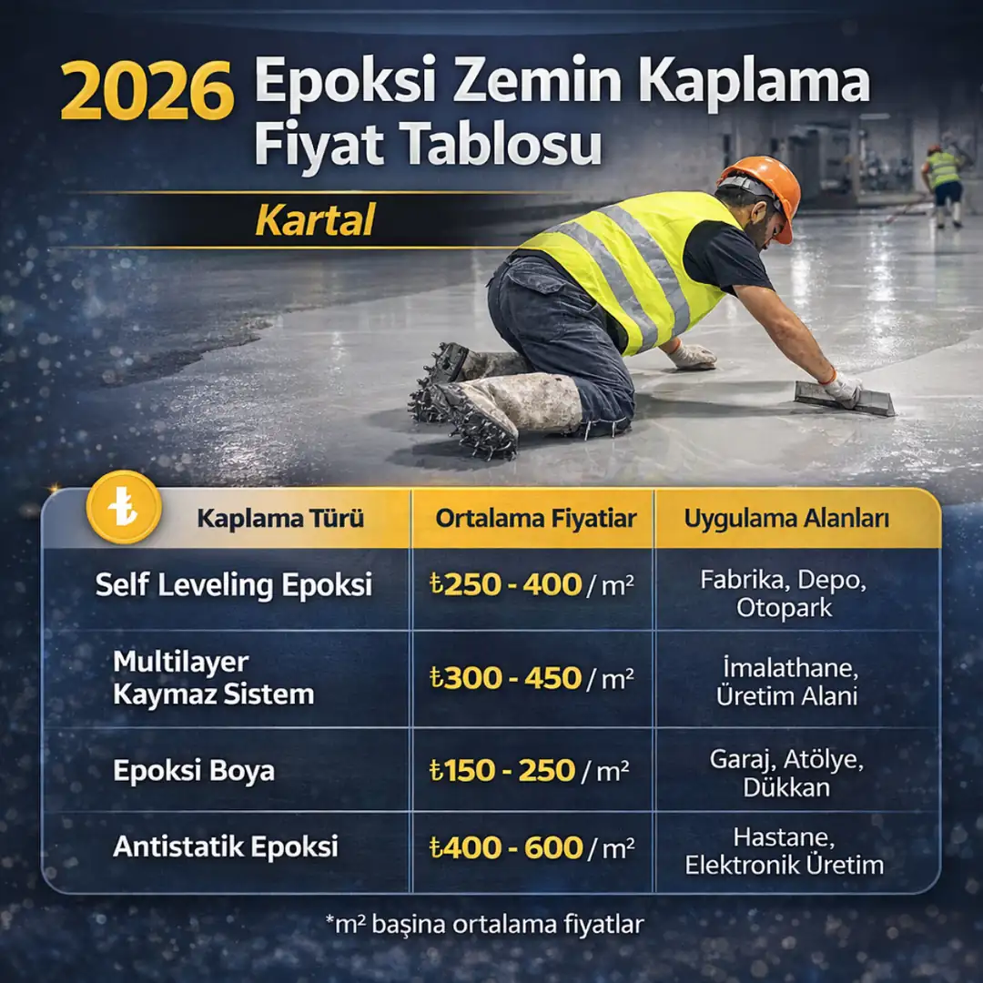 2026 Kartal epoksi zemin kaplama fiyatları self leveling multilayer ve ağır hizmet epoksi sistemleri m2 fiyat karşılaştırması&nbsp;