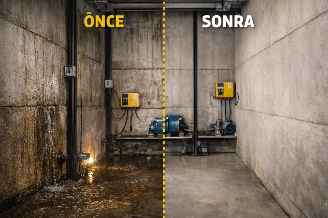 Asansör kuyusu yalıtımı öncesi ve sonrası nem ve su problemi karşılaştırması