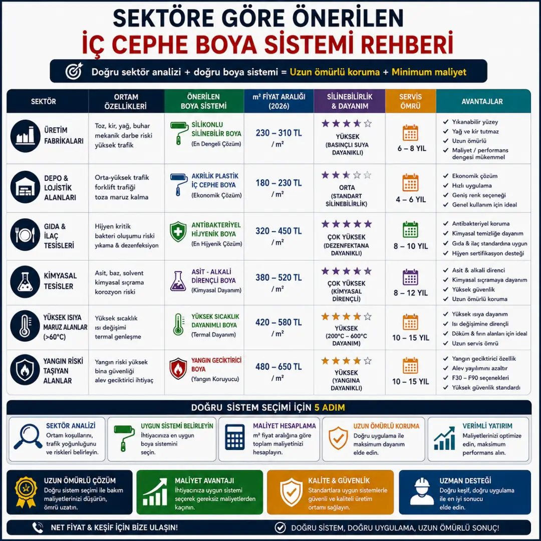 Fabrika sektörüne göre önerilen iç cephe boya sistemi karşılaştırması&nbsp;