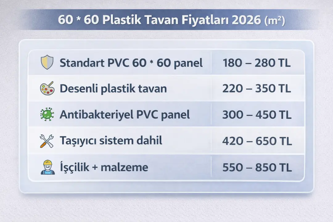 60 * 60 plastik tavan fiyatları m2 2026