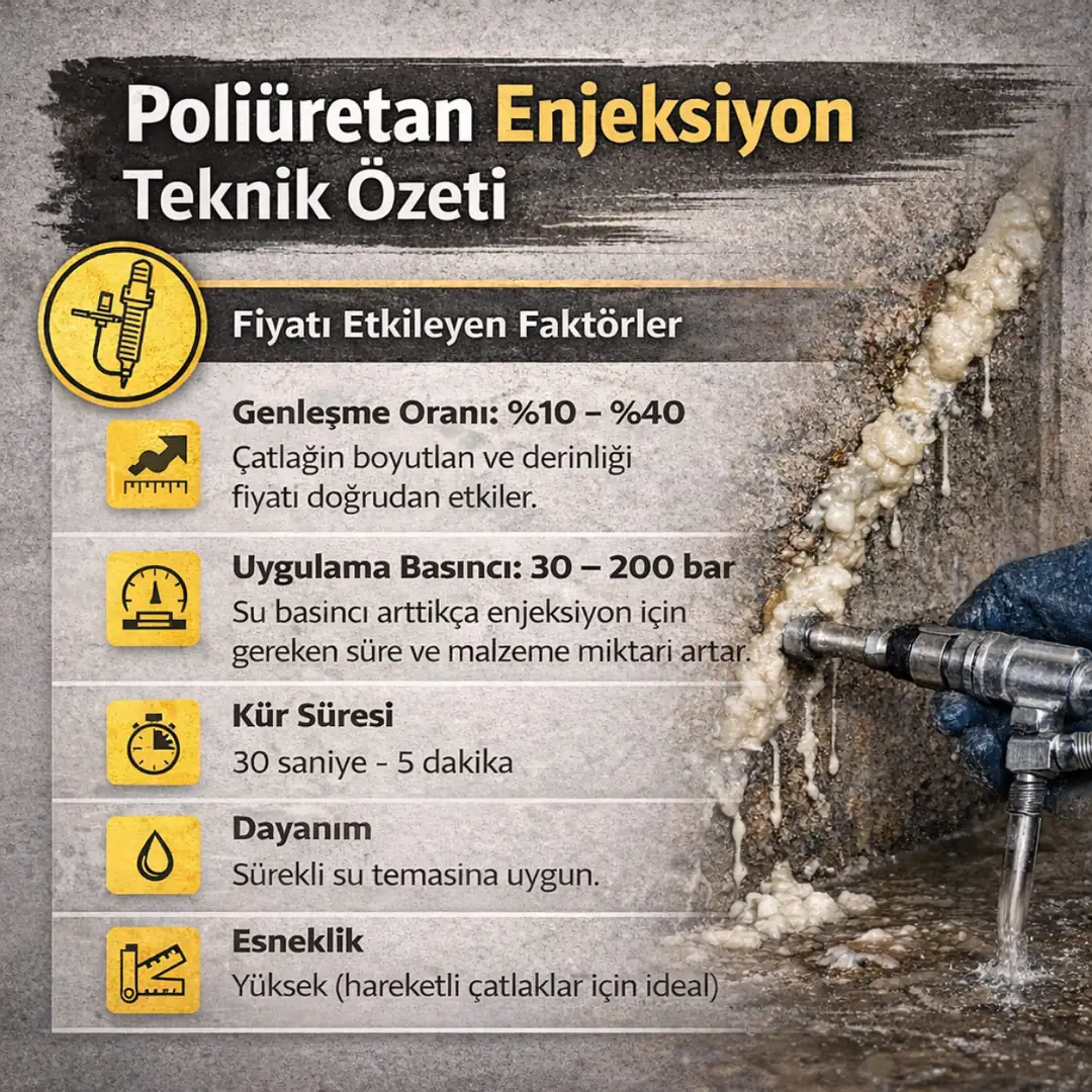 Poliüretan enjeksiyon teknik özeti – genleşme oranı, uygulama basıncı, kür süresi, su dayanımı ve esneklik bilgileri&nbsp;