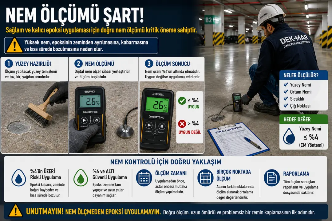 Epoksi uygulaması öncesi beton nem ölçümü yapılan otopark zemini&nbsp;