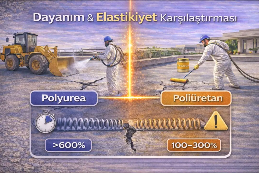 Polyurea ve poliüretan elastikiyet ve dayanım farkları, performans karşılaştırması.