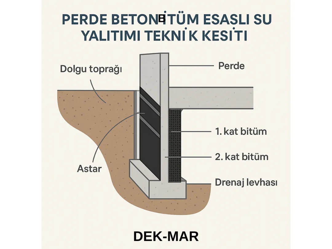 Bitüm esaslı likit membran ile perde beton su yalıtımı teknik kesit gösterimi.