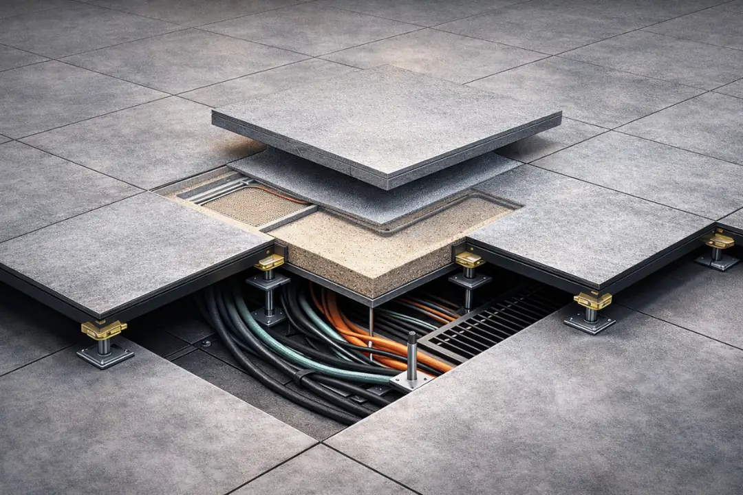 PVC kaplı yükseltilmiş döşeme panel, ayak ve taşıyıcı sistem kesiti