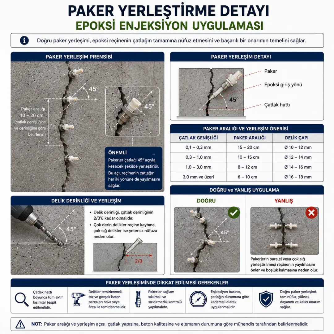 Beton çatlak hattında 45 derece açıyla paker yerleşimi teknik detayı&nbsp;