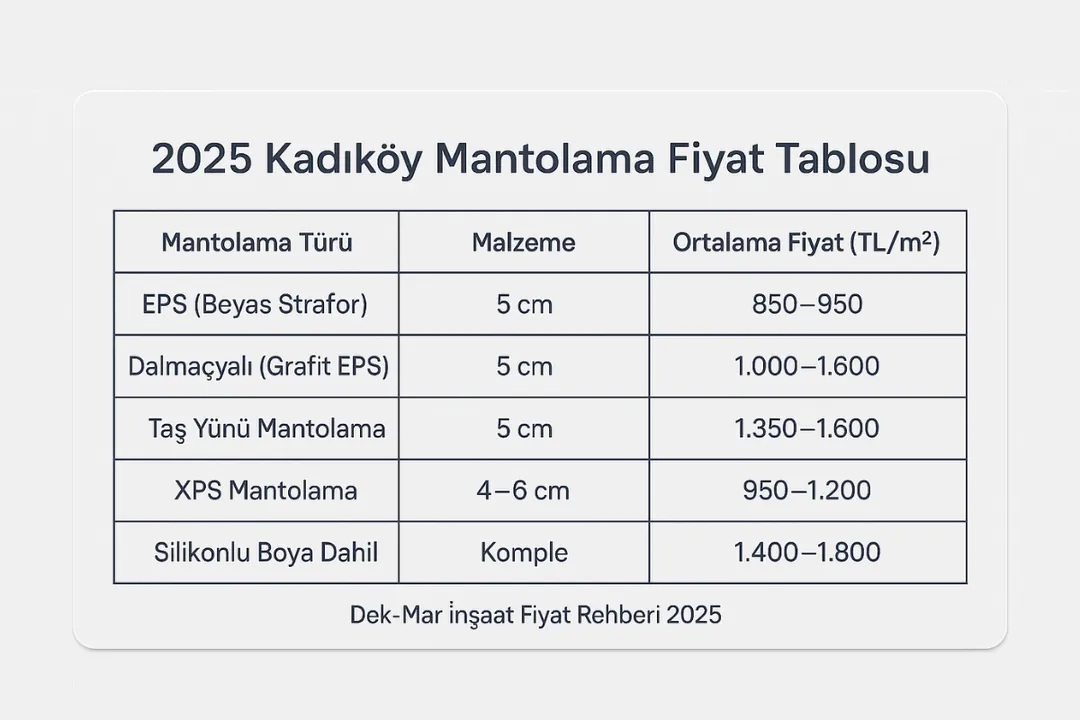 Kadıköy mantolama fiyat tablosu 2025 – EPS, Dalmaçyalı, taş yünü m² fiyatları – Dek-Mar rehberi 