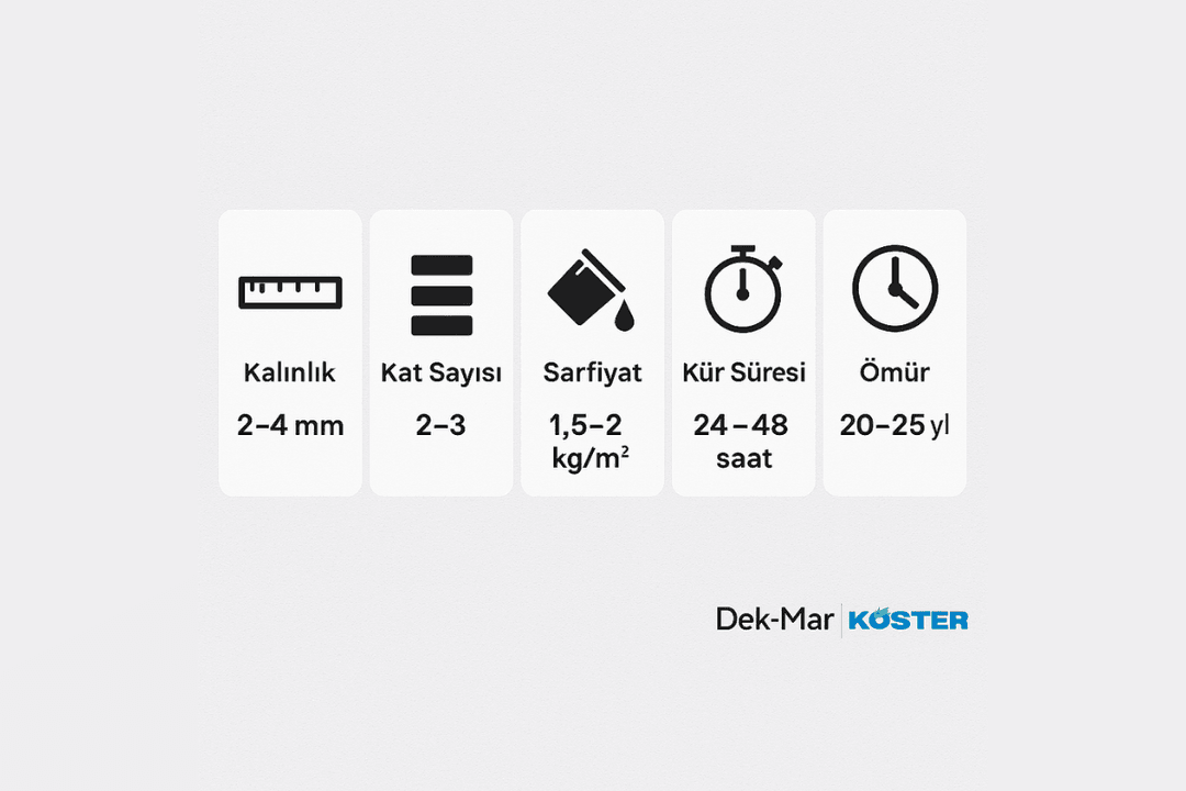 Havuz izolasyon teknik veriler: kalınlık, sarfiyat, kat sayısı, kür süresi ve ömür. 