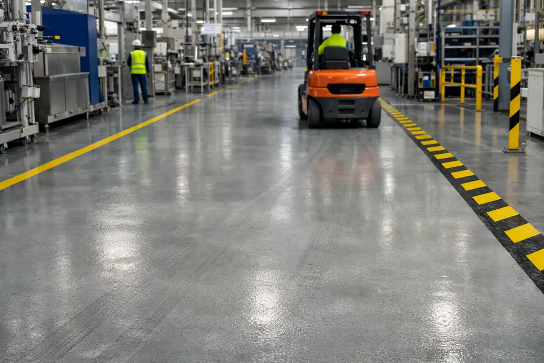 Fabrika üretim alanında ağır yüke ve forklift trafiğine dayanıklı epoksi zemin kaplama uygulaması