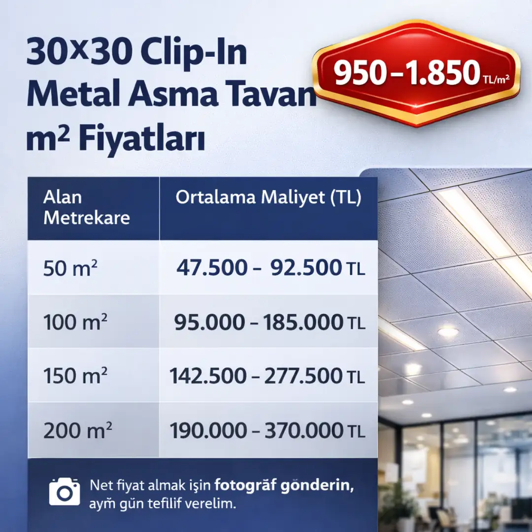 30x30 clip in metal asma tavan m2 fiyatları 2026 alüminyum gizli taşıyıcı sistem fiyat tablosu