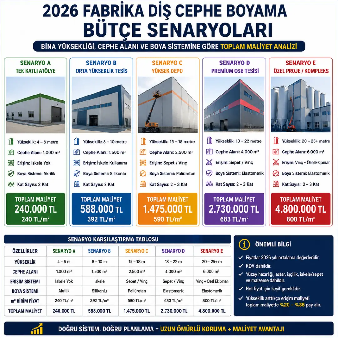 Fabrika dış cephe boyama bütçe senaryoları yüksek bina maliyet karşılaştırması&nbsp;