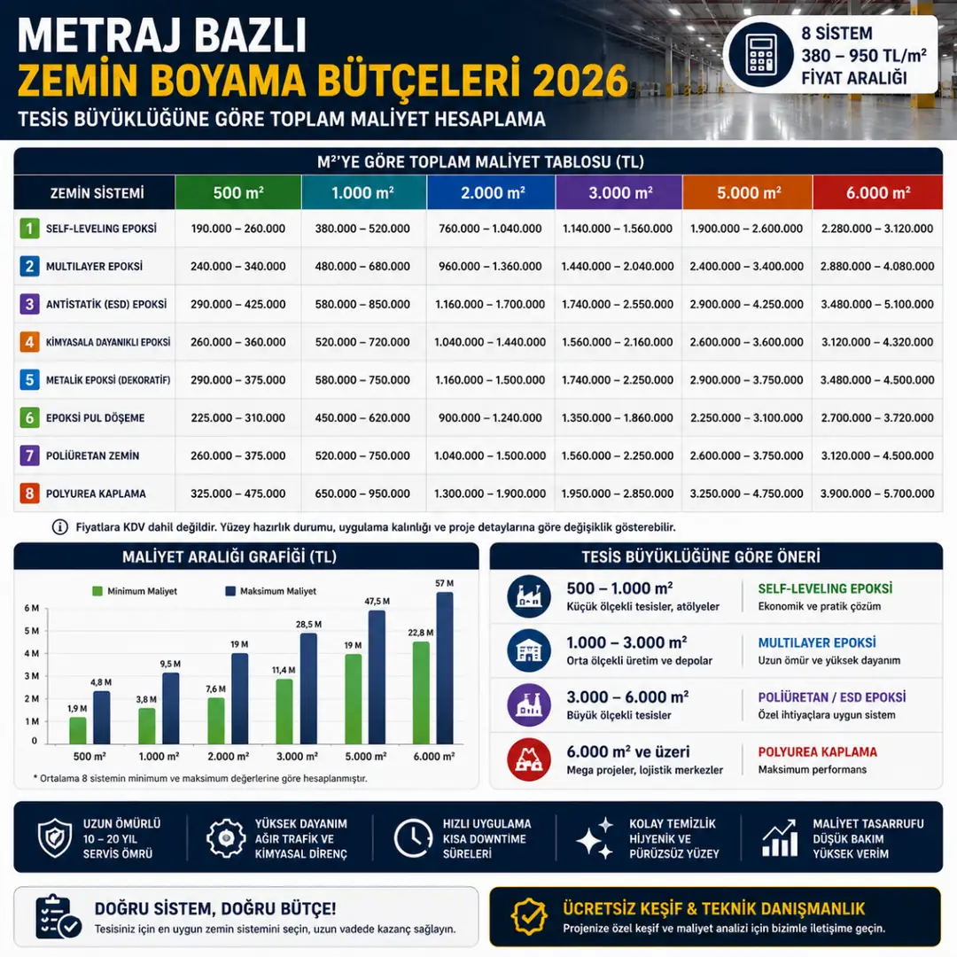 Epoksi zemin maliyet hesaplama 500 m2 ve 6000 m2 fabrika bütçe karşılaştırması&nbsp;