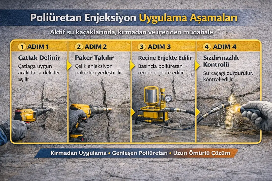 Poliüretan enjeksiyon uygulama aşamaları – çatlak delme, paker montajı, basınçlı reçine enjeksiyonu ve sızdırmazlık kontrolü&nbsp;