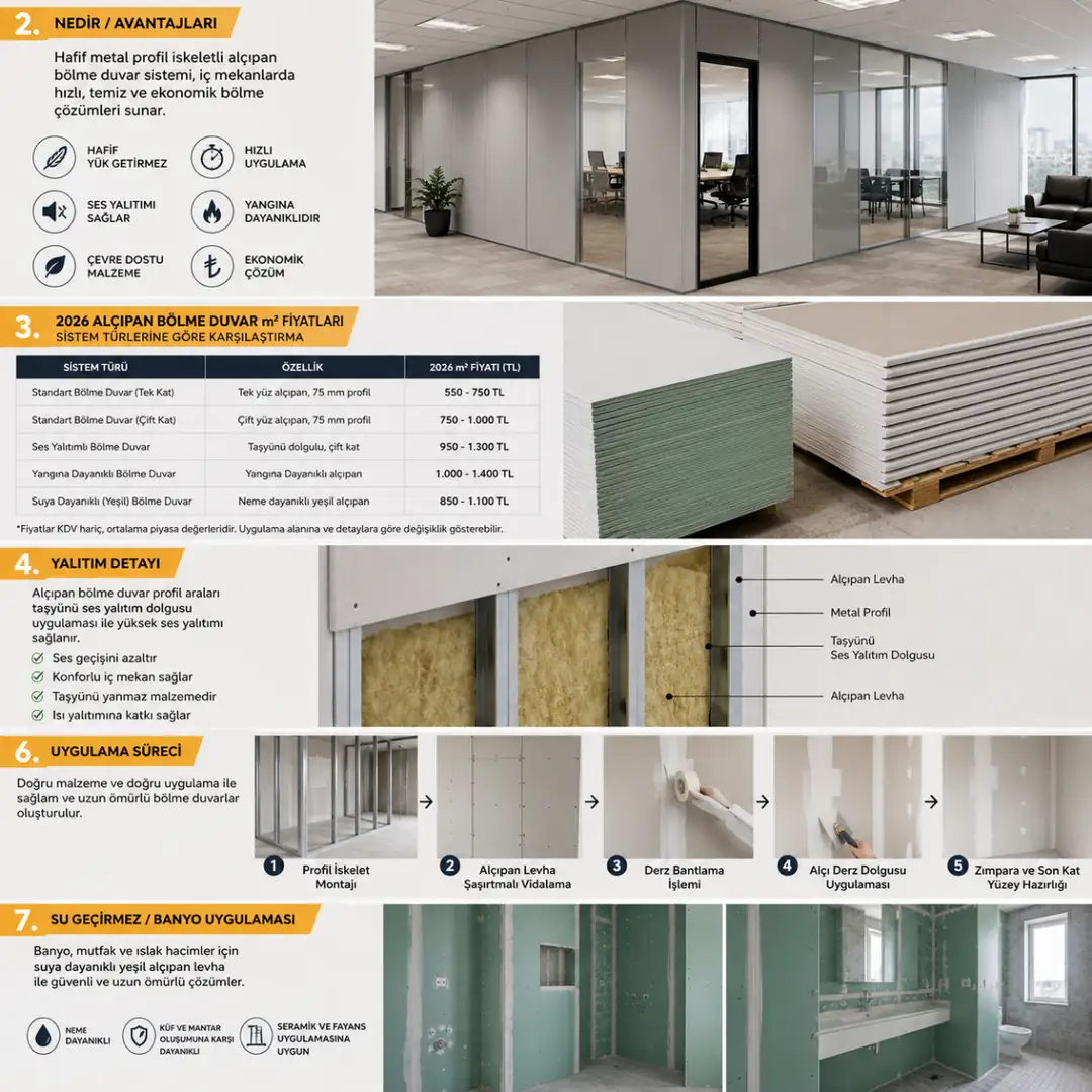 Galvaniz metal profil iskeletli alçıpan bölme duvar sistemi ile oluşturulmuş modern ofis iç mekân bölmesi ve alçıpan bölme duvarın başlıca avantajlarını gösteren uygulama görseli.