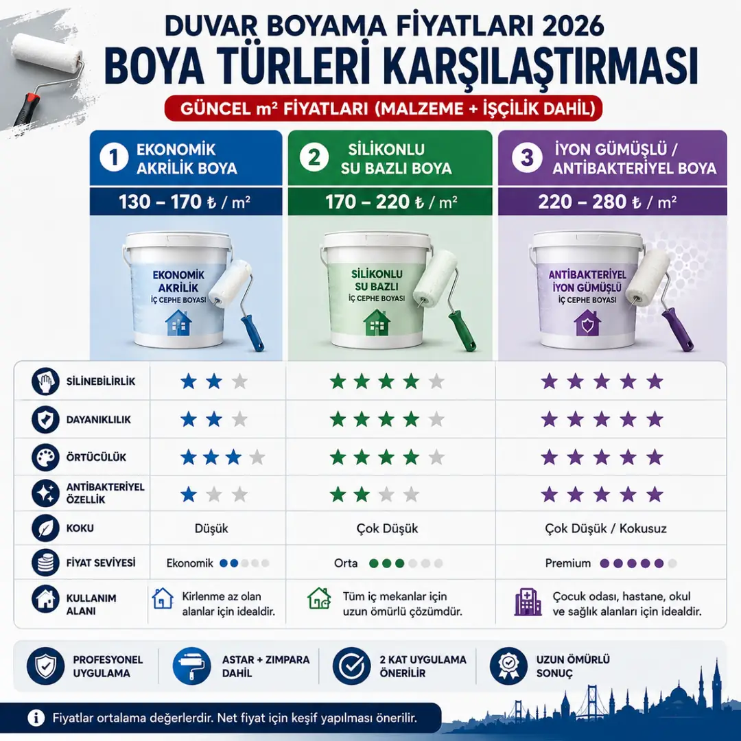İç cephe boya türleri karşılaştırması ve kullanım alanları