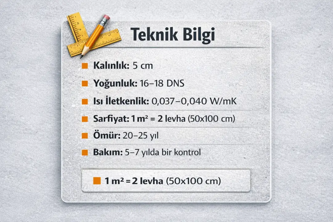 5 cm dalmaçyalı EPS mantolama levhasının teknik özellikleri, 16–18 DNS yoğunluk, 0,037–0,040 W/mK ısı iletkenliği ve 20–25 yıl kullanım ömrü&nbsp;