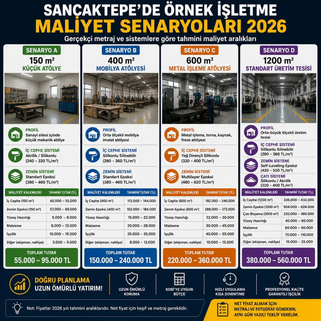Sancaktepe fabrika ve atölye boyama örnek maliyet senaryoları
