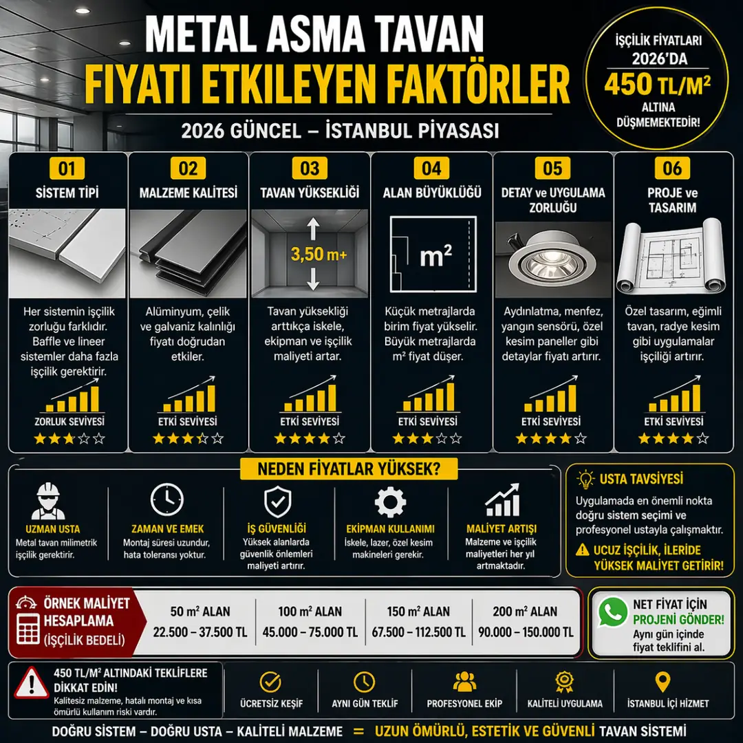 Metal asma tavan fiyatını etkileyen faktörler 2026 İstanbul sistem tipi malzeme kalitesi tavan yüksekliği metraj işçilik detayları fiyat karşılaştırma infografik&nbsp;