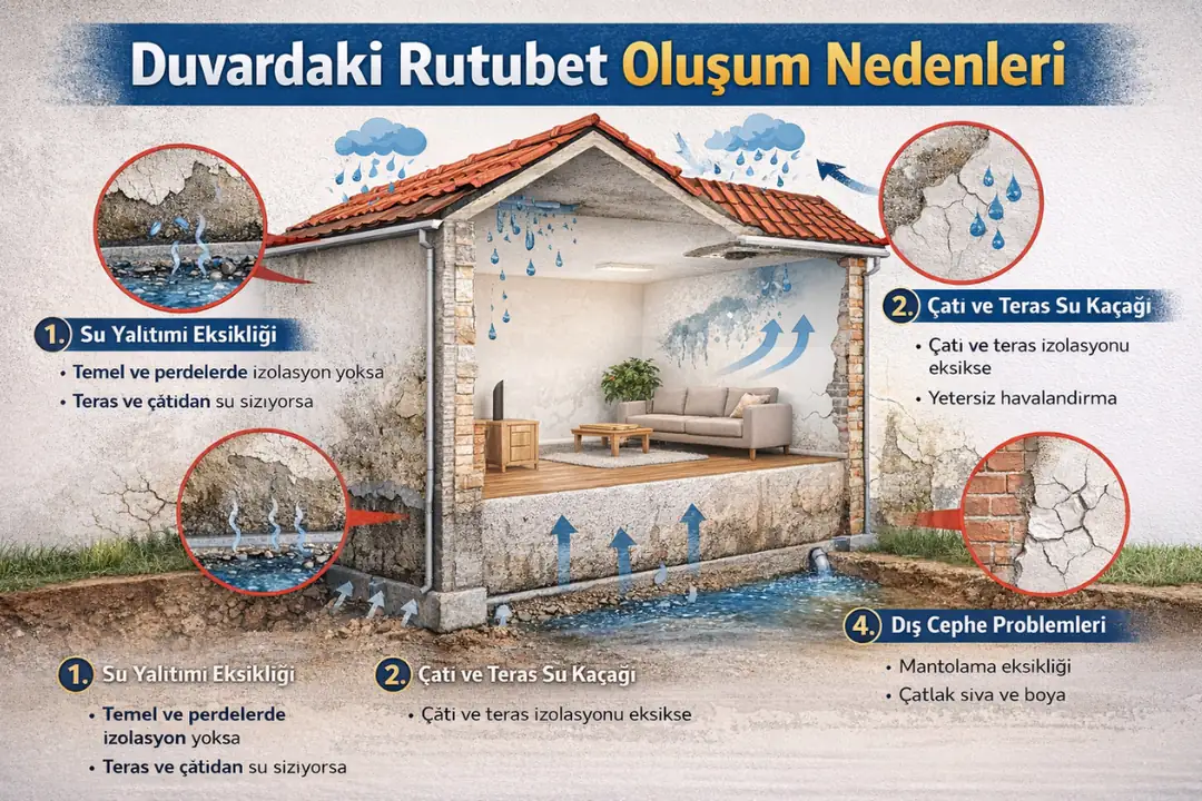 Duvarda rutubet oluşum nedenleri şematik anlatım&nbsp;
