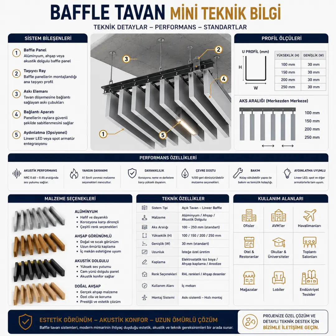Baffle tavan için teknik seçim ve aks aralığı bilgileri&nbsp;