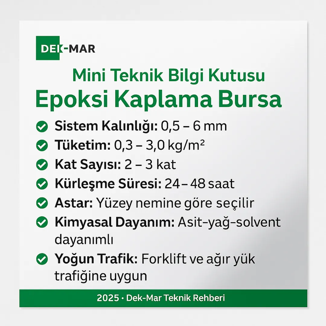“Bursa epoksi kaplama teknik bilgileri – sistem kalınlığı, tüketim, kat sayısı ve dayanım değerleri – Dek-Mar İnşaat 2025”