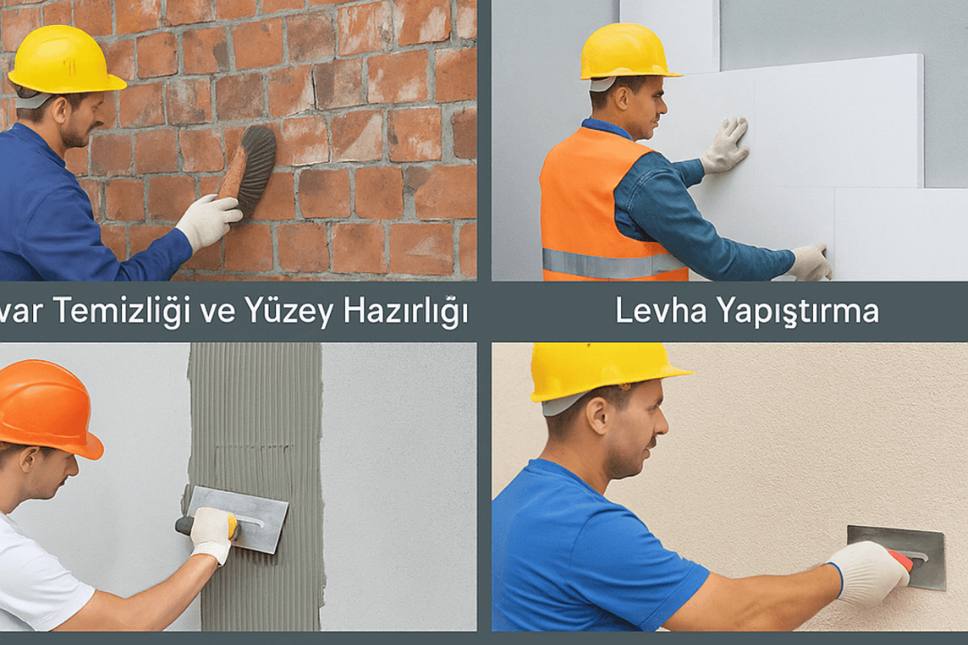 Ev dış cephe mantolama uygulama aşamaları: hazırlık, yapıştırma, dübelleme ve boya.