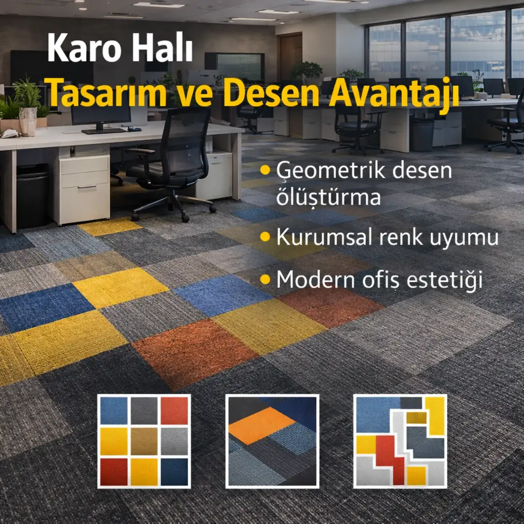 Farklı renk ve desen kombinasyonlarıyla tasarlanmış karo halı zemin&nbsp;