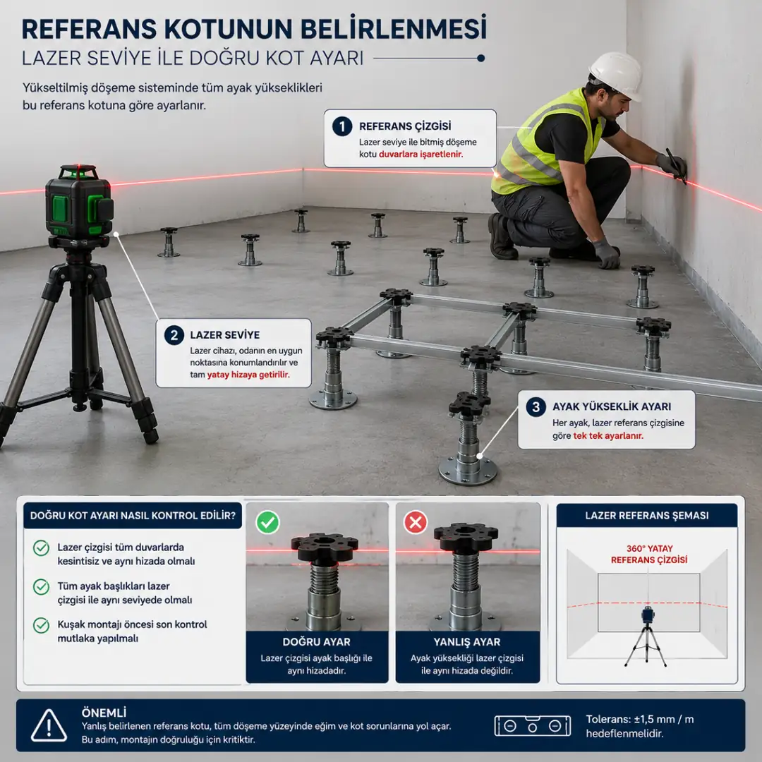 Lazer nivo ile yükseltilmiş döşeme kot ayarı yapılması