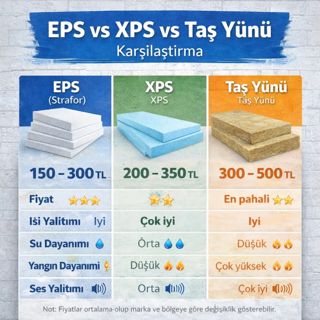 eps xps ve taş yünü mantolama malzemeleri karşılaştırması fiyat performans dayanım analizi