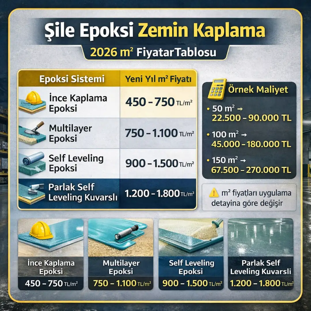 Şile epoksi zemin kaplama 2026 m2 fiyat tablosu ve sistem karşılaştırması&nbsp;
