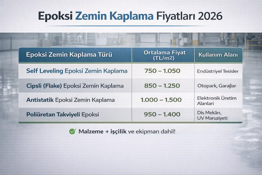 2026 epoksi zemin kaplama fiyatları, m2 bazlı sistem karşılaştırması