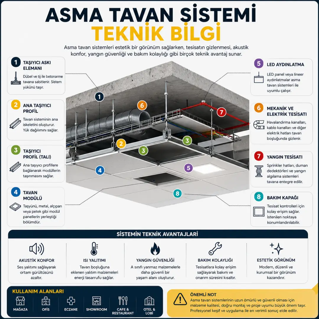 Asma tavan teknik detay LED aydınlatma havalandırma ve yangın sistemi yerleşimi&nbsp;