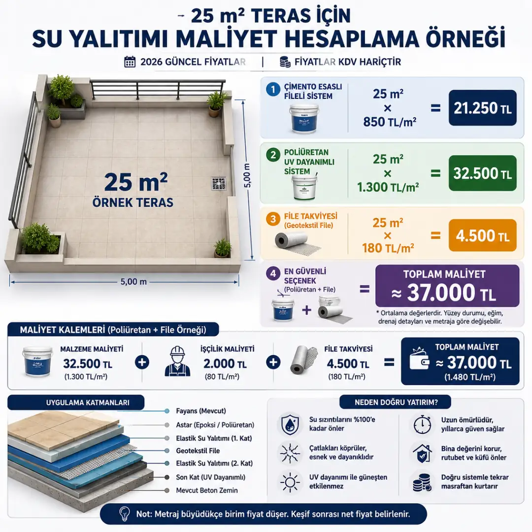 25 metrekare teras için fayans üzeri su yalıtımı maliyet hesaplama örneği ve 2026 m² fiyat analizi&nbsp;