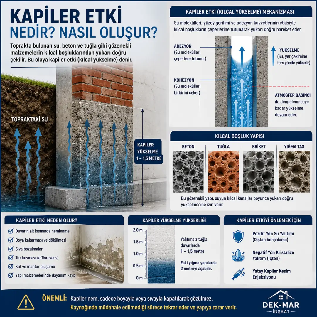 Kapiler etki nedeniyle beton içinde yukarı yükselen rutubet şeması&nbsp;