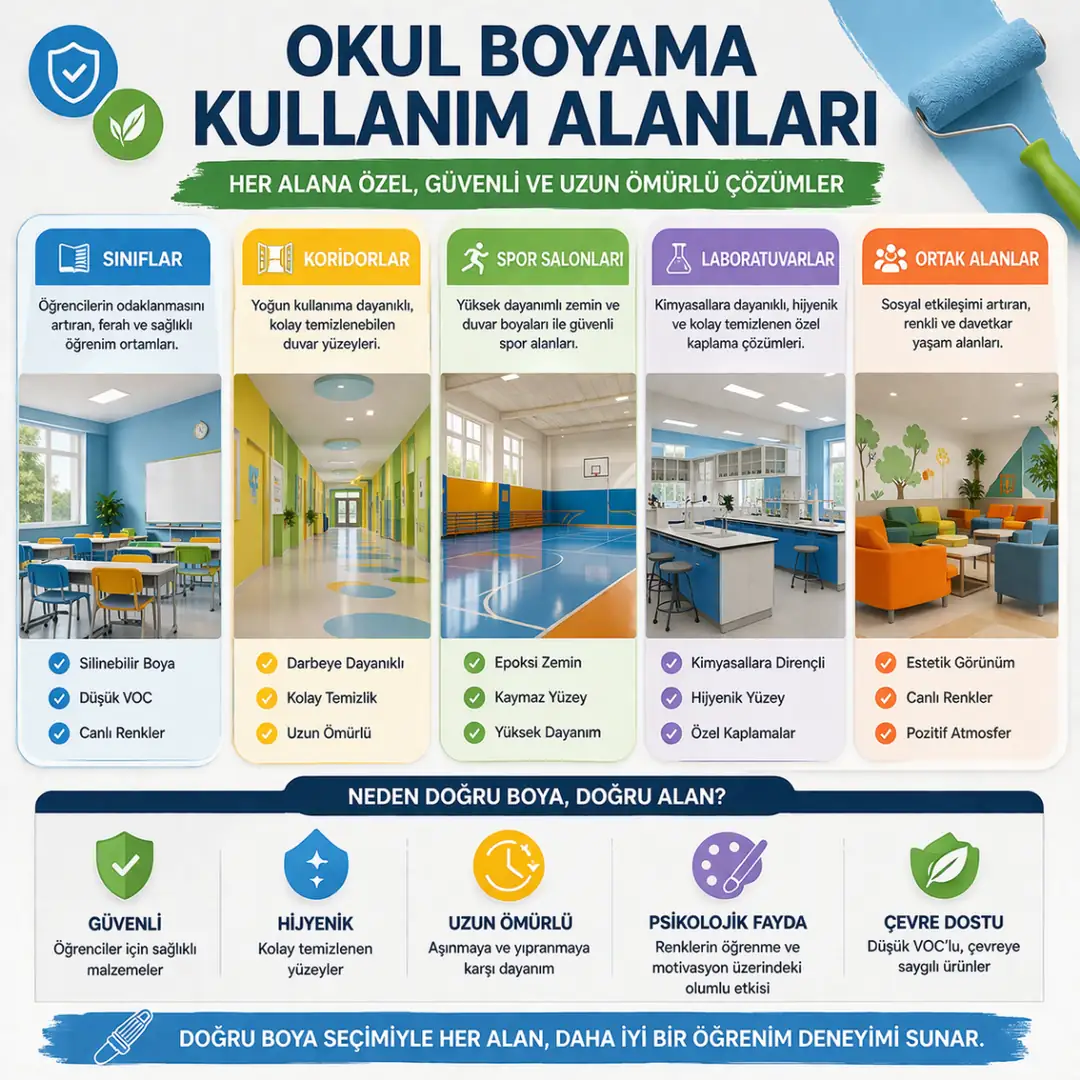 Okul boyama uygulamalarının sınıf, koridor ve spor salonu gibi kullanım alanları