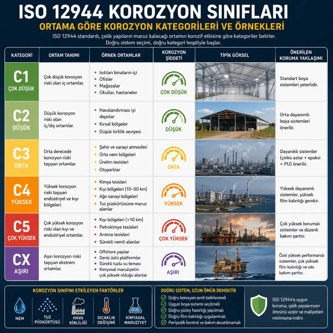 ISO 12944 standardına göre çelik yapı korozyon sınıfları tablosu