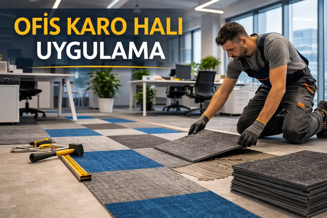 ofis ortamında karo halı döşeme uygulaması&nbsp;