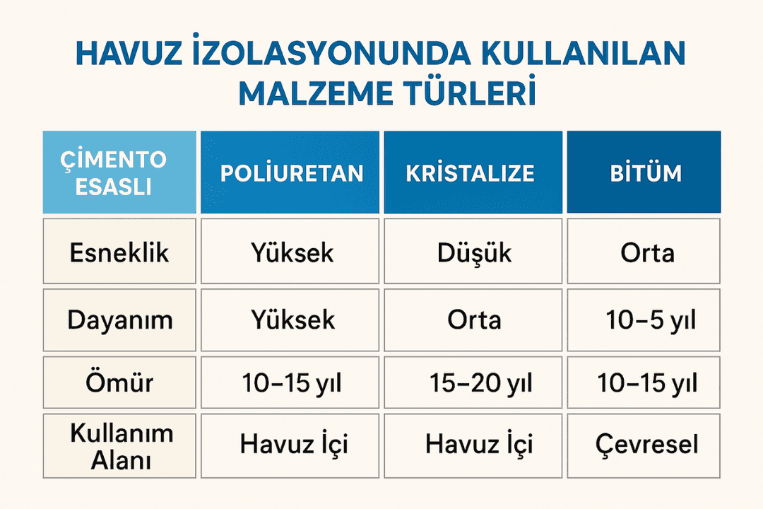 Havuz izolasyon malzemeleri karşılaştırma tablosu: çimento, poliüretan, kristalize ve bitüm sistemler. 