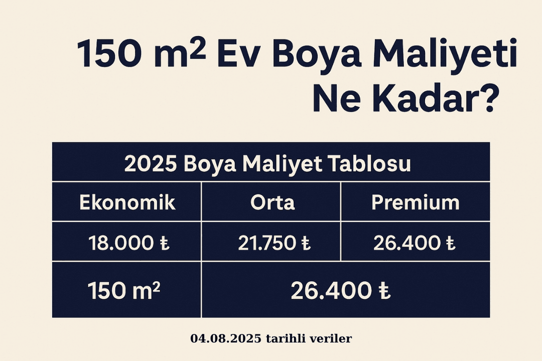 150 m2 Ev Boya Maliyeti Ne Kadar? 2025 yılı ekonomik, orta ve premium boya seçenekli fiyat karşılaştırma tablosu. 