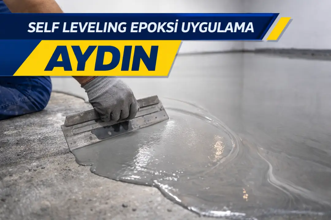 Self leveling epoksi zemin kaplama uygulaması sırasında mala ile yüzey düzeltme işlemi
