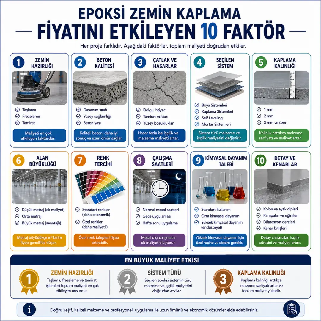 Epoksi zemin kaplama fiyatını etkileyen metraj, kalınlık, zemin hazırlığı ve sistem seçimi gibi 10 faktör&nbsp;