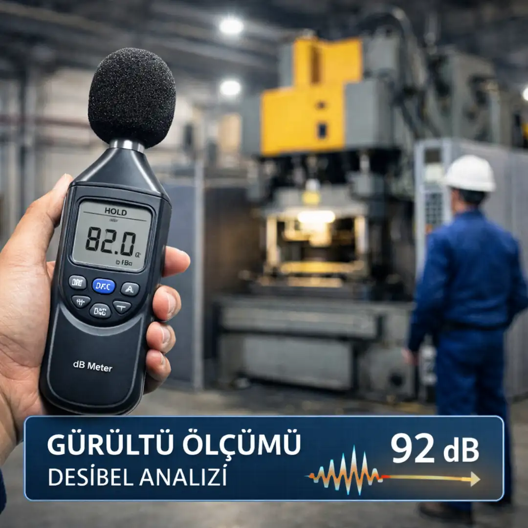 Fabrika ortamında desibel ölçümü yapılan endüstriyel gürültü analizi